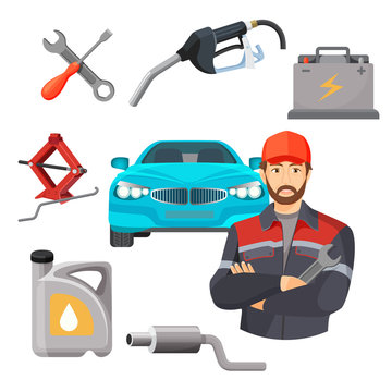 Car service set. Worker near expensive automobile and working tools