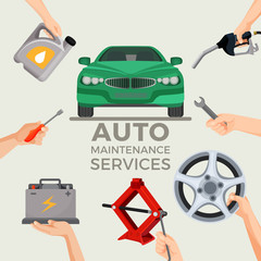 Auto maintenance services set with green car in picture centre