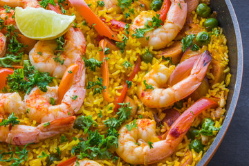 Shrimp Paella Close Up Horizontal Image. Popular Spanish Rice Dish of Paella.