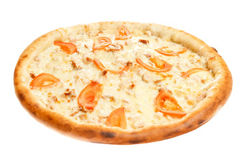Delicious classic italian Pizza with chicken, tomatoes and cheese