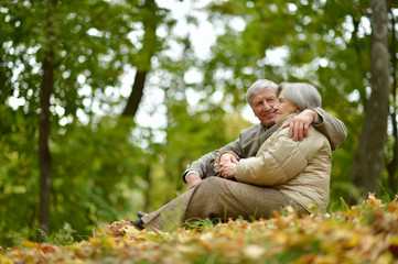Naklejka na ściany i meble Happy elderly couple sitting in autumn nature