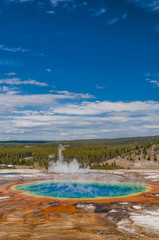 Vertical view of Grand Prismatic Spring in Yellowstone National Park. It is largest hot spring in NP. Colors are result of pigmented bacteria and depend on water temperature.