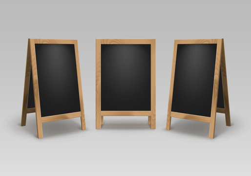 Vector Set of Wooden Empty Blank Advertising Street Sandwich Stands Sidewalk Signs Black Menu Boards Isolated on Background