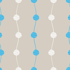 Abstract seamless vector pattern. Waves with circles and lines endless background. Blue grey white pastel design elements. Contemporary smooth zigzag texture illustration