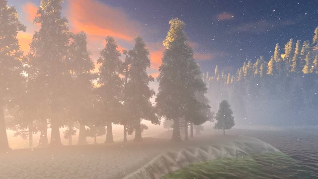 Snow covered Christmas forest in mountains 3d rendering