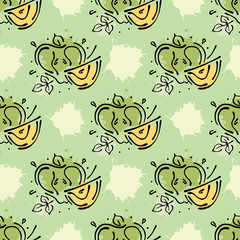 Vector fruits seamless pattern.Fruits with leaves, decorative elements, blots, drops, splash Hand drawn contour lines and strokes Doodle sketch style, graphic vector drawing illustration