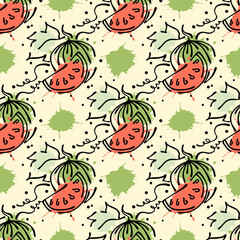 Vector fruits seamless pattern.Fruits with leaves, decorative elements, blots, drops, splash Hand drawn contour lines and strokes Doodle sketch style, graphic vector drawing illustration