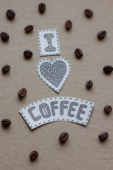 I love coffee lettering  with grains of coffee and heart on a ca