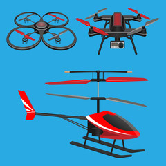Red helicopter, dark quadrocopters with and without video camera toys