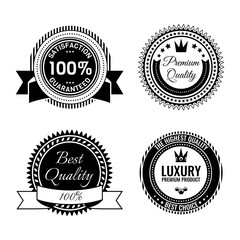 Golden round reward seals collection with inscriptions. Metal badges