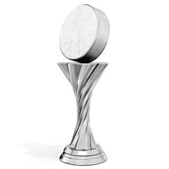 silver trophy with hockey puck