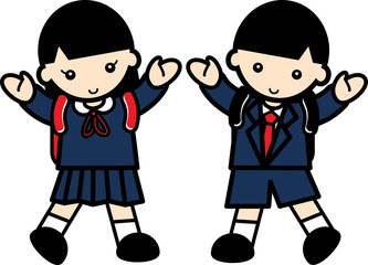 制服姿の小学生の男の子と女の子