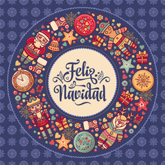 Feliz navidad. Xmas card on Spanish language. Warm wishes for happy holidays