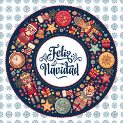 Feliz navidad. Xmas card on Spanish language. Warm wishes for happy holidays