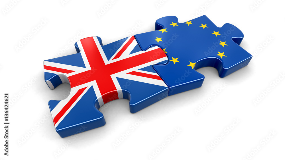 Poster european union and uk puzzle from flags. image with clipping path