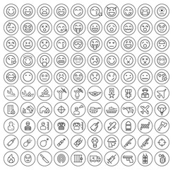 Set of 100 Isolated Minimal Modern Simple Elegant Black Stroke Icons on Circles on White Background ( Emoticons , War and Terrorism )