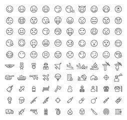 Set of 100 Isolated Minimal Modern Simple Elegant Black Stroke Icons on Circles on White Background ( Emoticons , War and Terrorism )