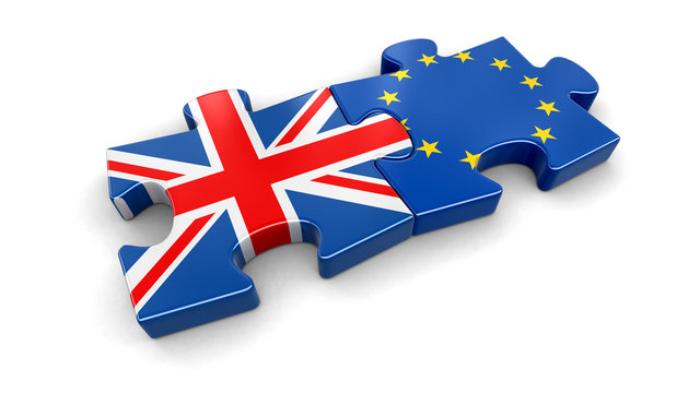 European Union and UK puzzle from flags. Image with clipping path