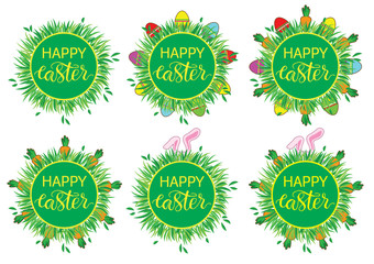 Easter label with banny, eggs and carrots. Set of stickers, pins, patches in cartoon comic style.