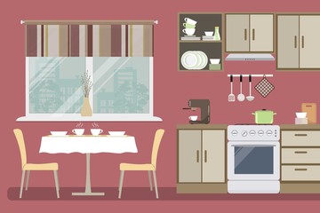 Kitchen in a red color. There is a beige furniture, a stove, a coffee machine, a table with chairs, a window and other objects in the picture. Vector flat illustration