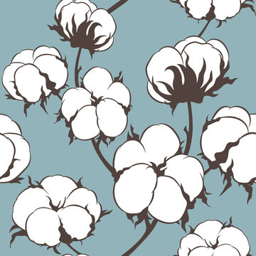 Vector seamless pattern with cotton plant. Branches with flowers background.