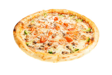 Delicious classic italian Pizza with shrimps, tomatoes and cheese
