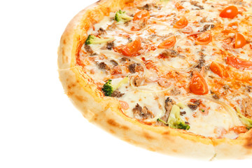 Delicious classic italian Pizza with shrimps, tomatoes and cheese