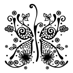 Vector hand drawn illustration, decorative ornamental stylized butterfly in shape of branch with flowers, leaves, dots. Black and white isolated graphic outline illustration Line drawing silhouette.