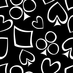 Seamless vector pattern with icons of playings cards. background with hand drawn symbols. Decorative repeat ornament. Series of Gaming and Gambling Seamless vector Patterns.