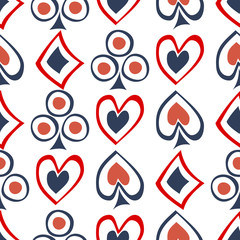 Seamless vector pattern with icons of playings cards. background with hand drawn symbols. Decorative repeat ornament. Series of Gaming and Gambling Seamless vector Patterns.