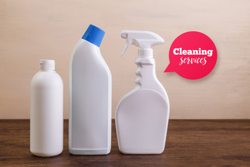 Mock-up plastic bottles. Cleaning services speech bubble. Cleaning products, washing wc cleaner. Mockup design for branding. Front view. Wooden rustic board.