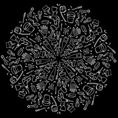 Round vignette of repair tools. Mandala house remodel. Black-and-white doodles tools