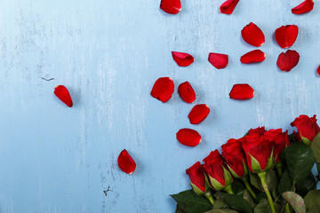 Petals of red roses on blue painted rustic background. Fresh natural bouquet of flowers. Dirty grunge wooden board.
