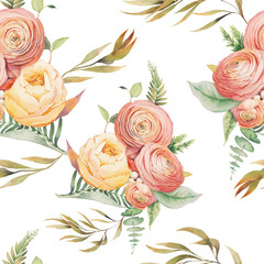 Watercolor flowers seamless pattern. Hand painted botanical wallpaper with eucalyptus leaves, ranunculus flowers, rose, fern branches on white background. Floral texture design