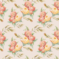 Watercolor flowers seamless pattern. Hand painted botanical wallpaper with eucalyptus leaves, ranunculus flowers, rose, fern branches. Floral texture design