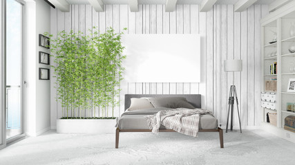 Modern bright interior with empty frame . 3D rendering