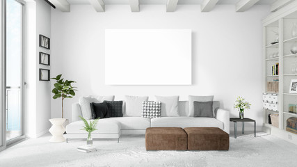 Modern bright interior with empty frame . 3D rendering