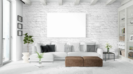 Modern bright interior with empty frame . 3D rendering
