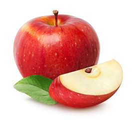 Isolated apples. Whole red apple fruit with slice (cut) isolated on white with clipping path