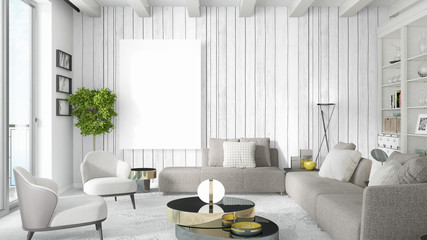 Modern bright interior with empty frame . 3D rendering