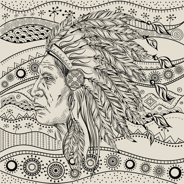Man in the Native American Indian chief on ethno pattern, tribal background. Indian feather headdress of eagle. Hand draw vector illustration