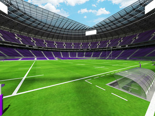 3D render of a round rugby stadium with purple seats and VIP boxes