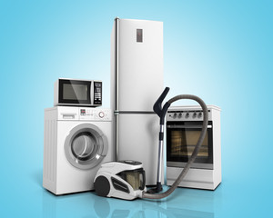 Home appliances Group of white refrigerator washing machine stov