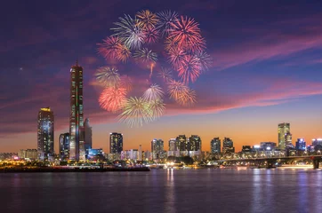 Ingelijste posters Fireworks Festival and Seoul City, South Korea. © panyaphotograph