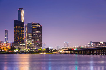 Seoul City at Night and Han River, Yeouido, South Korea.