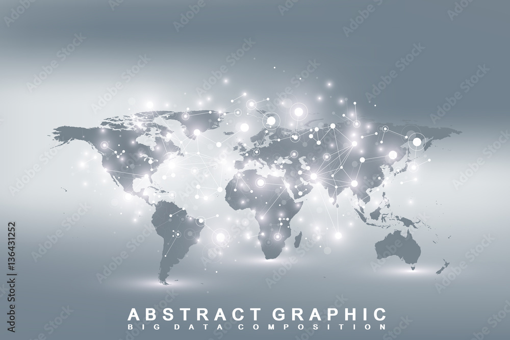 Fototapete Geometric graphic background communication with World Map. Big data complex with compounds. Perspective backdrop. Minimal array. Digital data visualization. Scientific cybernetic vector illustration.