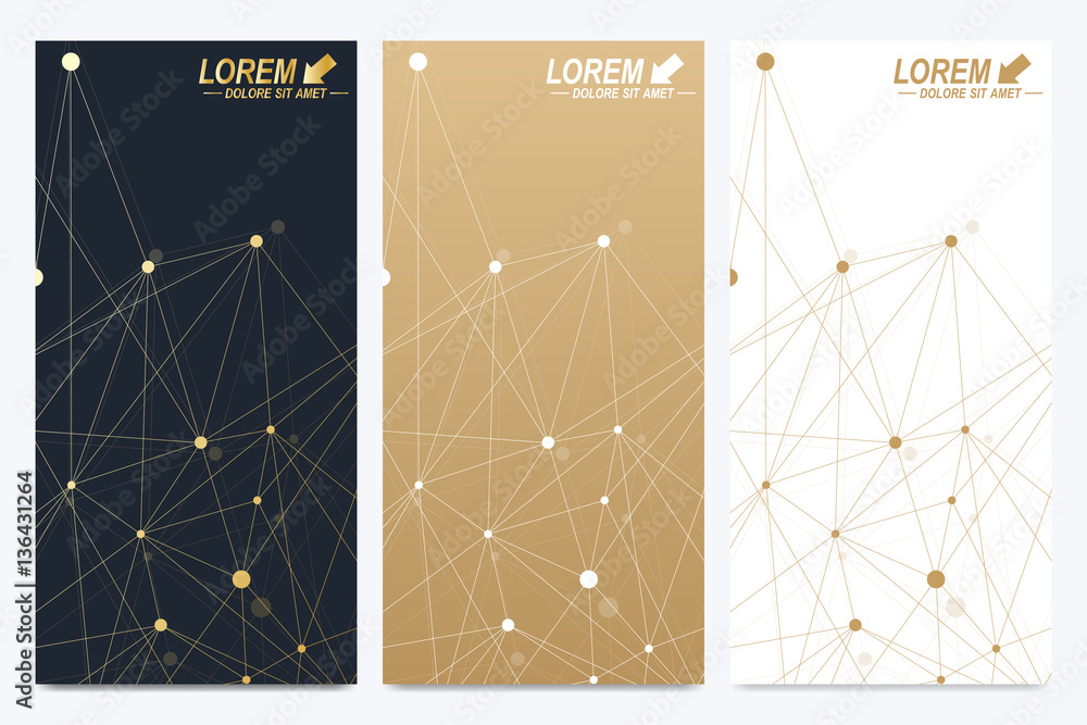 Poster Modern set of vector flyers. Geometric abstract presentation. Molecule and communication background for medicine, science, technology, chemistry. Golden cybernetic dots. Lines plexus. Card surface.