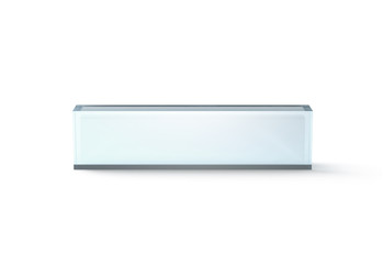 Blank transparent glass desk block mockup, front view, 3d rendering. Clear name plate design mock...