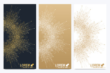 Modern set of vector flyers. Geometric abstract presentation with golden mandala. Molecule and communication background for medicine, science, technology, chemistry.
