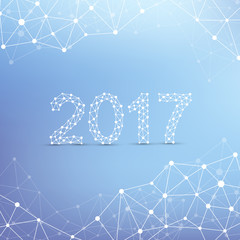 Text design Christmas and Happy new year 2017. Graphic background molecule and communication. Connected lines with dots. Lines plexus. Scientific cybernetic vector illustration.